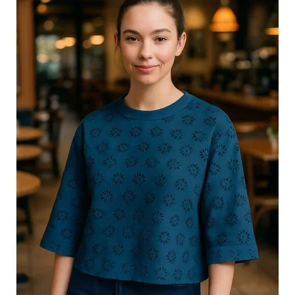 Madewell Embroidered Wide-Sleeve Boxy Tee Sunfaded Blue Relaxed Fit Casual Top S - Picture 3 of 16